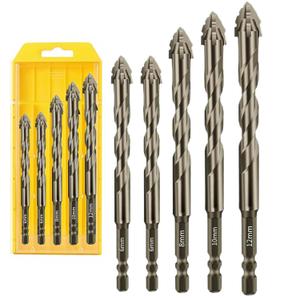 5 Piece Set of Four Flute Drill Bits - High Hardness Eccentric Twist Drill Bits Set for Tile Glass Ceramic Brick Metal Plastic Wood & General Concrete (6/6/8/10/12mm)