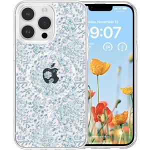 RALEAVO for iPhone 16 Pro Case Compatible with MagSafe Clear Floral Pattern Design Cute for Girls Women Slim Magnetic Hard Back Shockproof Phone Case for iPhone 16 Pro,Blue Flowers