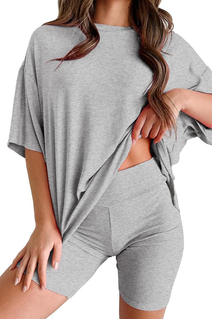 Womens 2 Piece Lounge Set 2026 Summer Travel Outfit Casual Short Sleeve Oversized Tshirts & Biker Shorts (XXL)