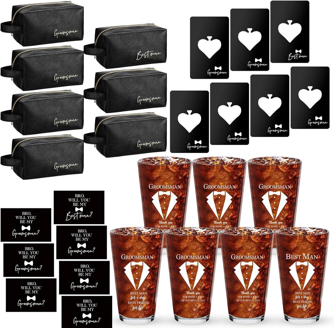 Amylove 7 Sets Groomsmen Gifts Set Wedding Proposal Gift 16 oz Beer Glass Cup Toiletry Bag and Bottle Opener Cap for Best Man PU Leather Cosmetic Bags with Zipper Greeting Card for Wedding(Black)