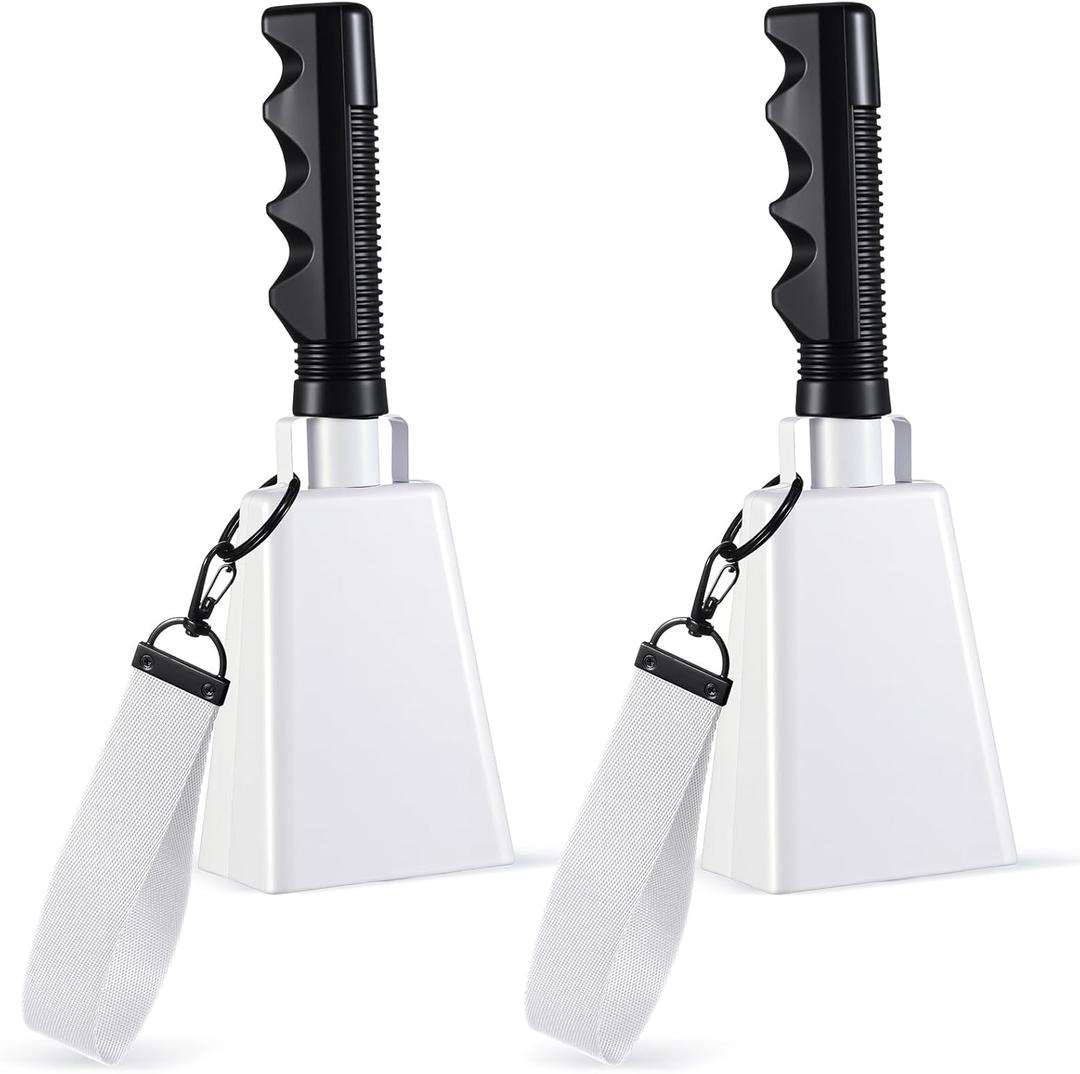 Boao 2 Pcs 9 Inch Cowbell with Wrist Strap Noise Makers for Sporting Events Loud Hand Bell with Handle Graduation Football Games Party Farm Bells Hand Chimes Percussion Musical Instruments(White)