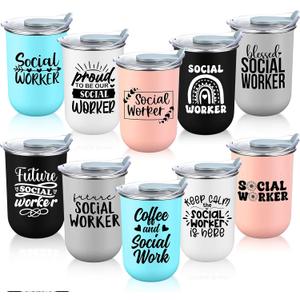 Reallnaive 10 Pack Social Worker Appreciation Gifts Stainless Steel Coffee Cups Bulk Motivational Gifts 12 Ounces Enamel Double Wall Cups for Employees Coworkers Teachers Friends (Classic)