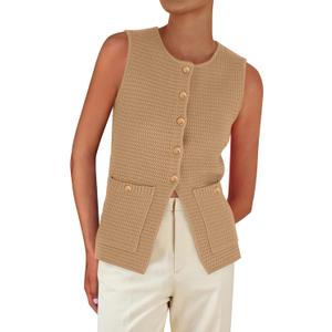 PRETTYGARDEN Women's 2026 Spring Sweater Vest Sleeveless Button Down Knit Cardigan Tank Tops Summer Business Casual Outfits (Khaki, Small)