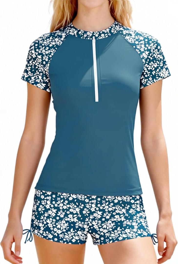 Girls Rash Guard Swimsuit Short Sleeve Color Block 2 Piece UPF 50+ Sun Protection Girls Bathing Suit 15-16