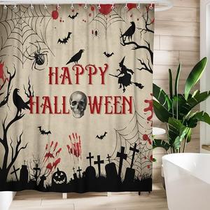 Halloween Shower Curtains for Bathroom Creepy Witch Bat Skull Gothic Spider Crow Pumpkin in Graveyard Shower Curtain Waterproof Fabric Happy Halloween Decoration Bathroom Curtain with Hooks 72"x72"