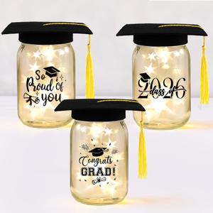 3 Sets 2026 Graduation Centerpieces for Tables, Glowing Mason Jar Centerpieces with Graduation Caps, Glowing Money Jars for College High School Congrats Grad Party Decor Supplies