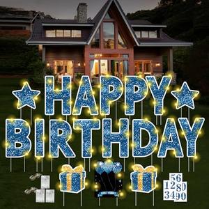 ComboJoy Happy Birthday Yard Sign with Stakes - 18 Pcs Waterproof Birthday Sign, 3 Pcs LED Lights, Personalized Age Sign, 16" Lawn Party Decoration (Blue)