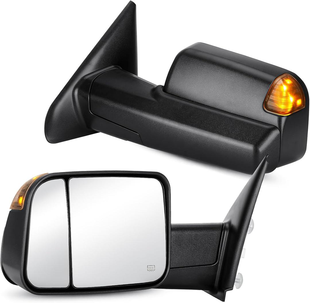 Pair Towing Mirrors Rear View Mirrors fit for 2002 2003 2004 2005 2006 2007 2008 Dodge Ram 1500, 2003-2009 Dodge Ram 2500 3500 Manual Folding Flip Up Heated Side Mirror with Amber Turn Signal light