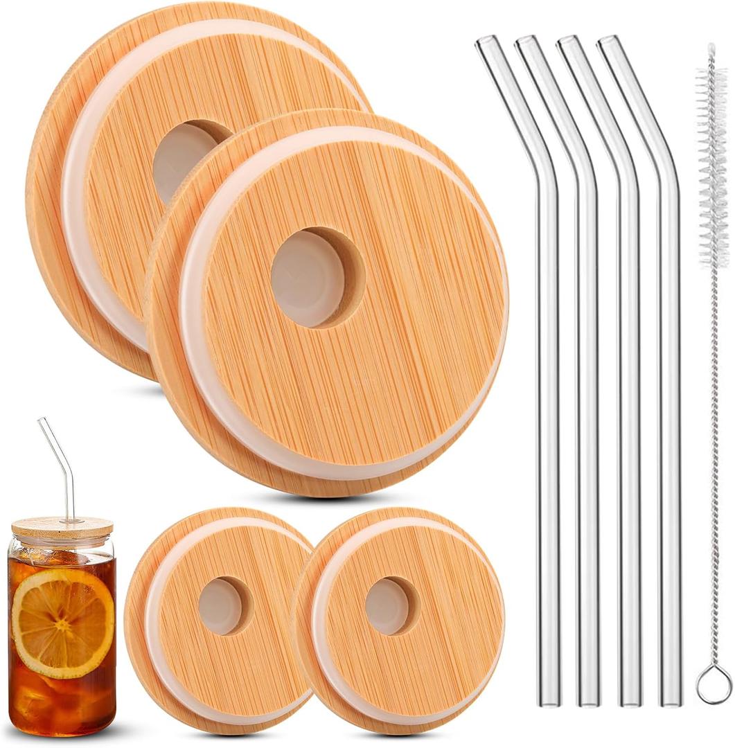 4 Pack Bamboo Lids For Glass Cups,Cymuber Reusable Wooden Lids for Glass Cups,Fit for 2.36 inch/60mm Internal Diameter Airtight Regular Mouth with Canning Lids for Drinking jars, Beer Glasses,Soda Can