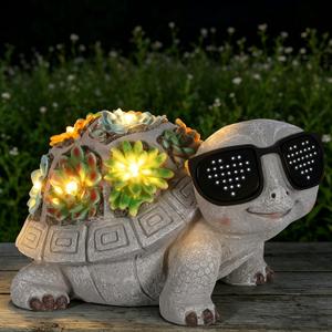 Cool Solar Garden Turtle Statue with I Love You LED Sunglasses and Succulent LED Lights, Lawn Decor Tortoise Figurine for Patio, Balcony Yard Ornament for Mom, Women & Grandma