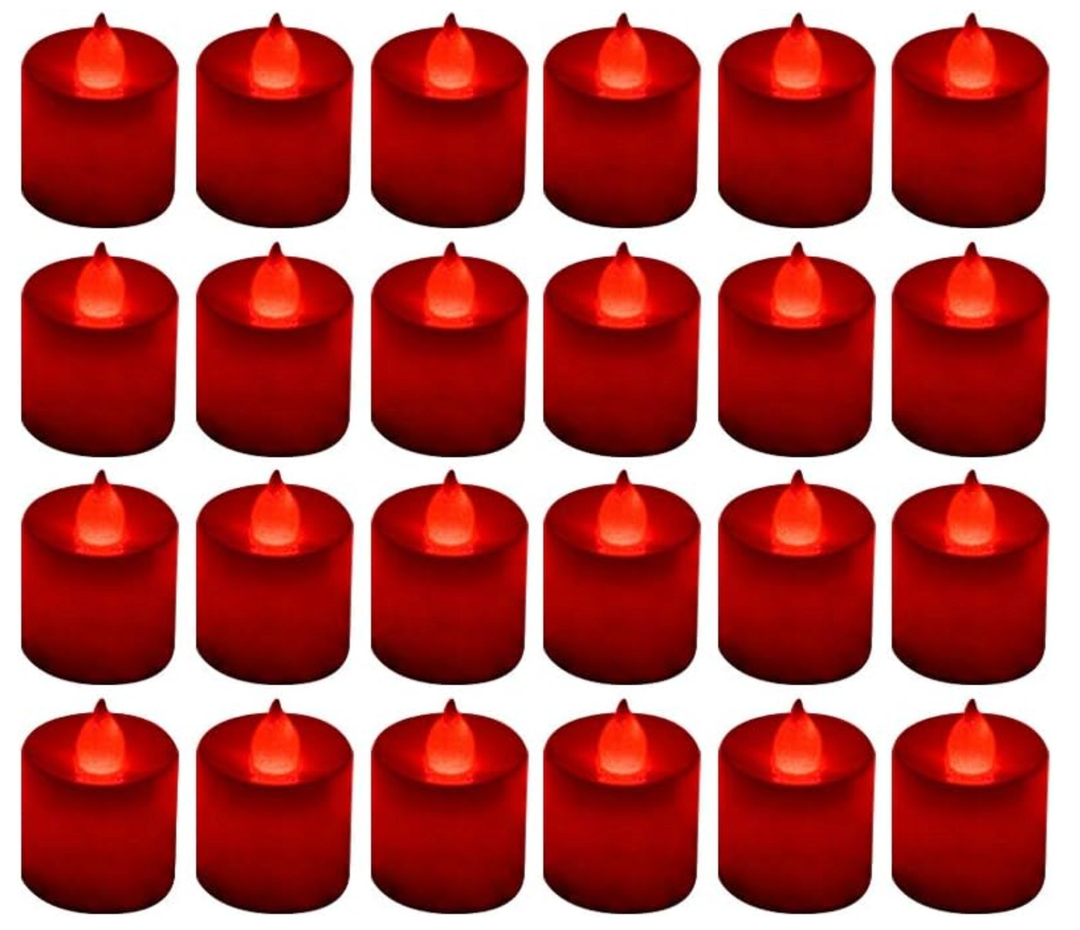 LANKER 24 Pack Flameless Led Tea Lights Candles, Flickering Red Battery Operated Electronic Fake Candles, Decorations for Wedding, Party, Christmas, Halloween (Red)