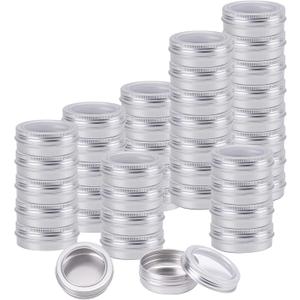 Foraineam 40 Pack 2 Ounce Round Tin Cans Metal Empty Tins Silver Aluminum Kitchen Office Travel Storage Containers with Clear Screw Top Lids