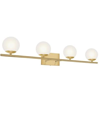 YHTlaeh New Bathroom Vanity Light Fixtures Brushed Brass Milk White Globe Glass Shade 4 Lights Modern Wall Bar Sconce Over Mirror