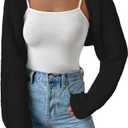 Women Open Front Ribbed Knit Crop Bolero Drop Shoulder Long Sleeve Solid Loose Fit Knitted Crop Cardigan Shrug (Large, Black)