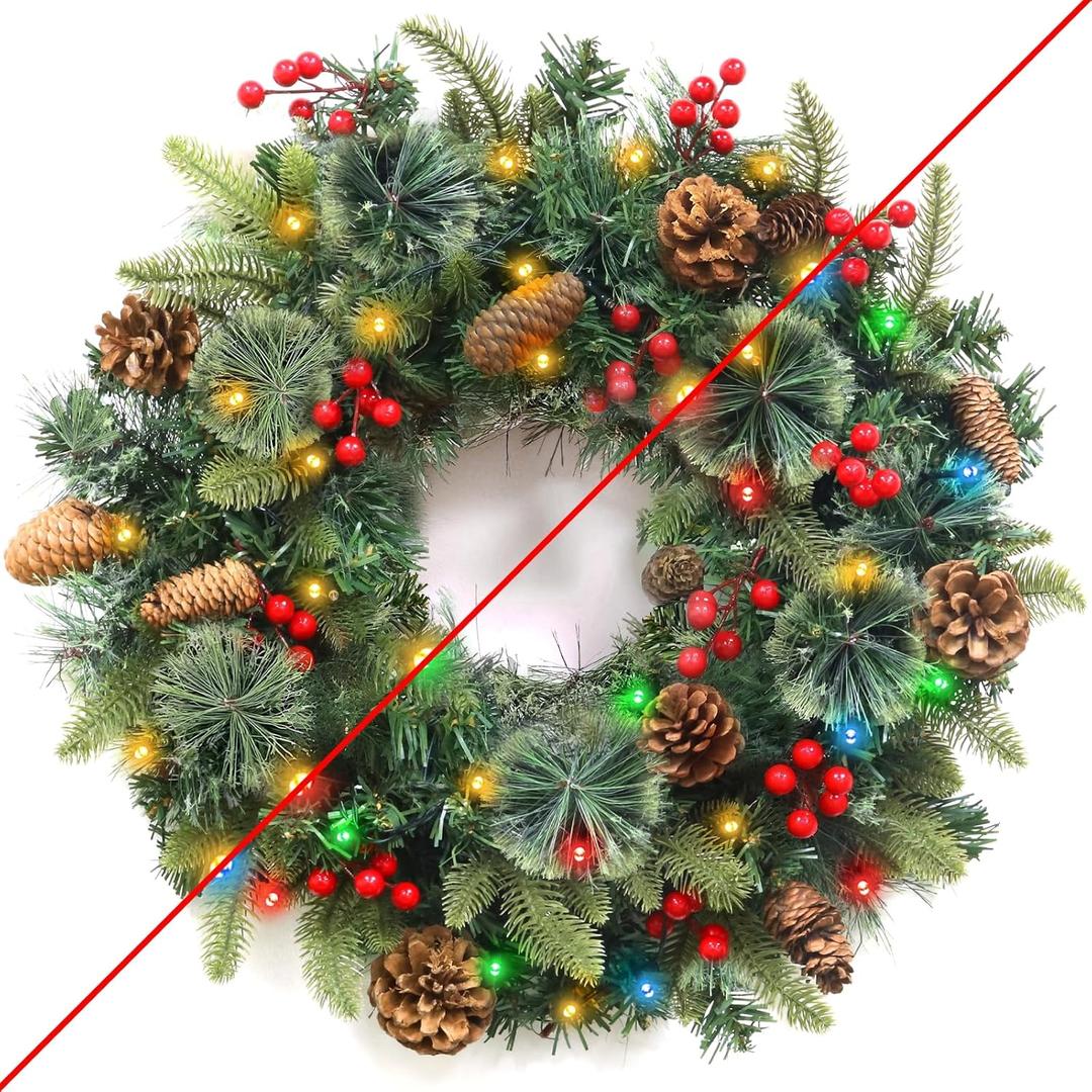 Christmas Wreaths for Front Door, Prelit Christmas Wreath Outdoor with 30 Warm White & Colorful Lights 8 Modes Timer Pinecones Berried Norfolk Pine Wreath 20 Inch Xmas Decorations for Door Wall Window