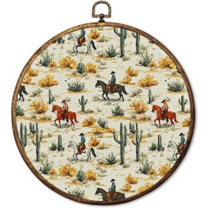 HUGANE Vintage Western Rodeo Horse Round Wall Art Decor, Southwestern Cowboy Equestrianism Desert Cactus Hanging Canvas Framed Prints Wall Sculptures for Home Bedroom Living Room Decor, 10x10 Inch
