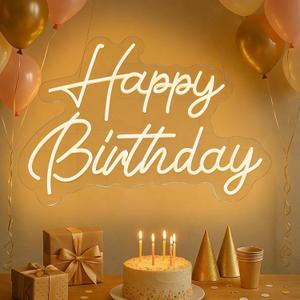 HMT Happy Birthday Neon Sign Warm White 22×16.9 Inch Large Backdrop Neon Light, Dimmable LED Light Up Sign for Birthday Party Wall Decor