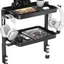 KDD Clamp On Desk Organizer - Adjustable 2-Tier Above or Under Desk Shelves with Large Capacity Tray, Phone & Tablet Holder, Headphone Hook - No Drilling Desktop Storage for Office & Home Accessories, Black