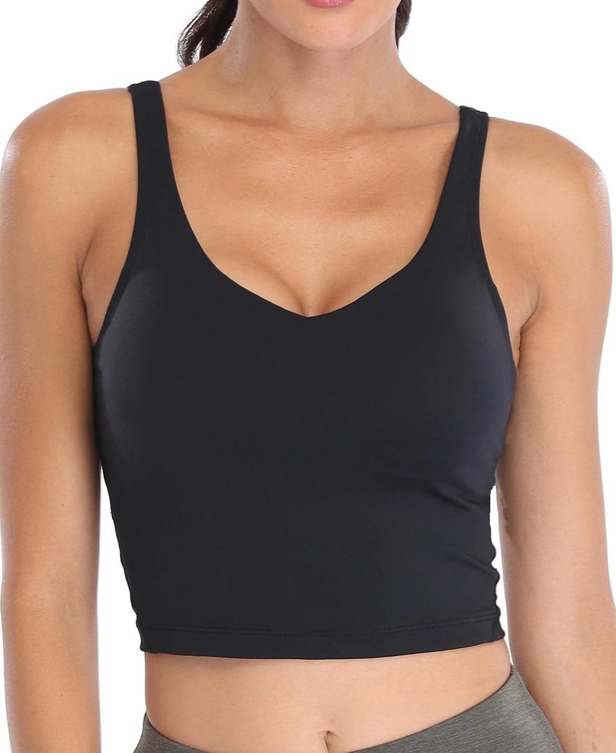 Oalka Sports Bra Womens Longline Padded Crop Tank Yoga Bras Workout Fitness Top (Black)