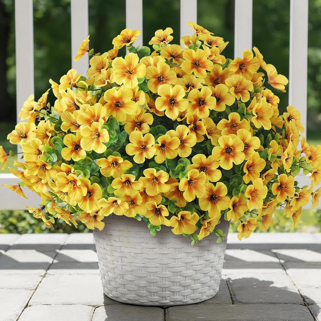 VIERENA 24 Bundles Artificial Flowers and Eucalyptus for Outside, Sun Resistant Silk Fake Morning Glory with Faux Eucalyptus Plants for Garden Porch Farmhouse Home Spring Summer Decor (Yellow)