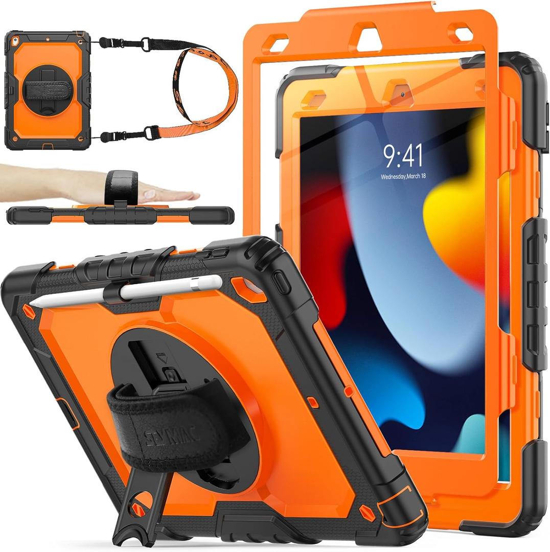 SEYMAC stock Case for iPad 9th/ 8th/ 7th Generation 10.2'', Shockproof with Screen Protector, Pencil Holder [360° Rotating Hand Strap] & Stand, for iPad 10.2 inch 2021-2019 (Brightorange)