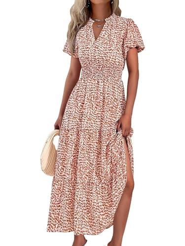 MASCOMODA Summer Maxi Dresses for Women 2026 Casual V Neck Puff Short Sleeve Smocked Flowy Beach Boho Long Floral Dress(Floral Orange,XX-Large)