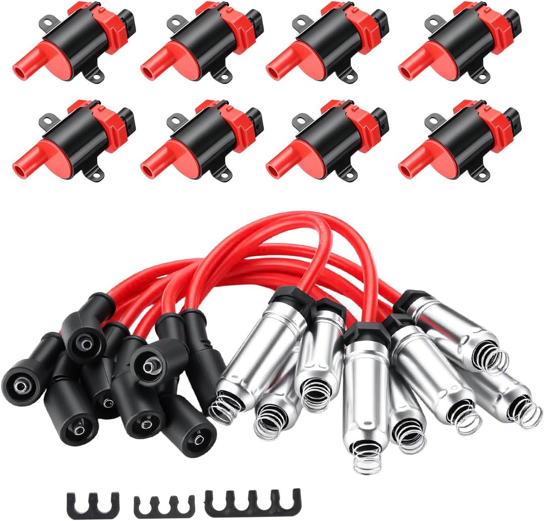 8Pcs D585 UF262 Ignition Coils Pack Round Type + 8Pcs 8mm Spark Plug Wire Set, Compatible with Chevrolet, Fit For GMC, Fit For Cadillac 1999-2007 4.8L 5.3L 6.0L, Replaces# 748UU 12622553 12656210