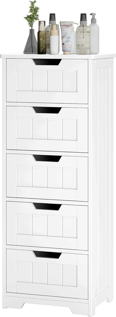 FOTOSOK Bathroom Cabinet, Bathroom Storage Cabinet with 5 Drawers, Wooden Storage Cabinets with Cut-Out Handles, 11.8 x 15.7 x 40.1 Bathrooms Floor Cabinets for Hallway/Living Room, White