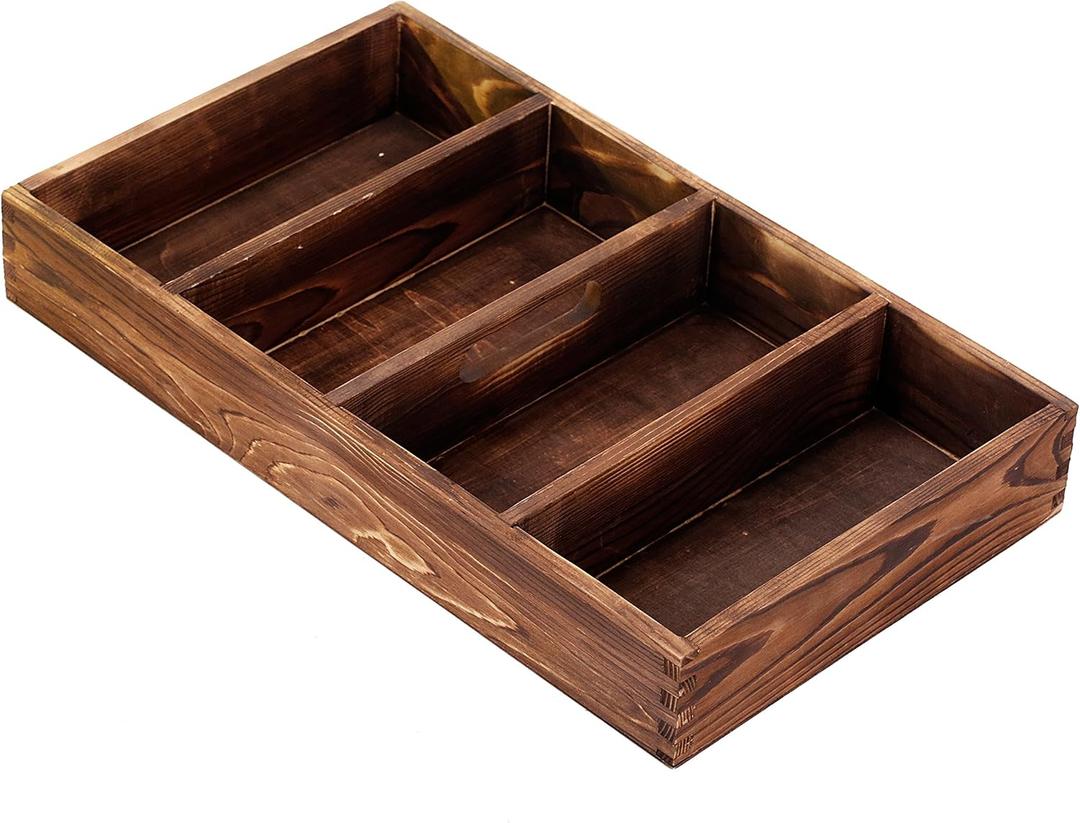 MyGift Burnt Wood Drawer Organizer Tray with 4 Slots, Multipurpose Utensil, Cutlery, Tools Wooden Bin