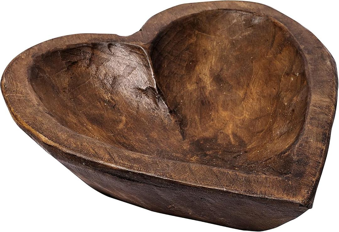 MAINEVENT Decorative Bowl Home Decor Approx 10.5x12 Inch, Spanish Oak Wooden Dough Bowl, Wood Dining Room Table Centerpiece Heart Shaped Made in USA
