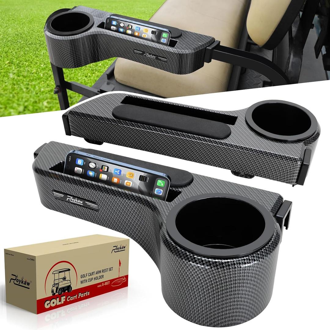 Roykaw Golf Cart Armrest with Cup Holder/Rear Seat Arm Rests Fit for EZGO/Club Car/Yamaha & Most Golf Cart, Upgrade 3rd Gen - with Phone Holder, No Drilling Required, Fit 1.0"/1-1/4" Square Tube Frame
