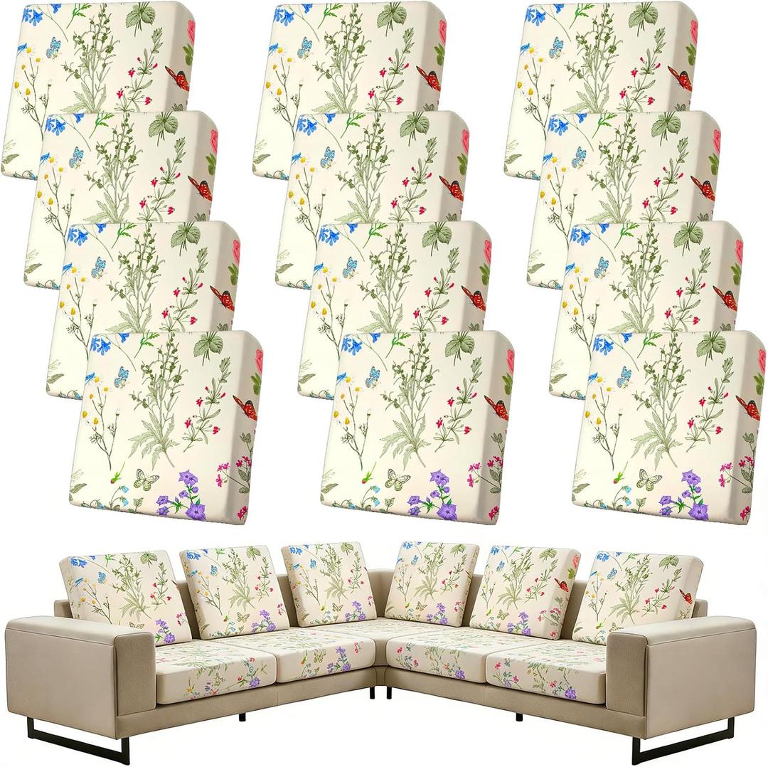 Spring Wildflower Patio Cushion Covers Spring Floral Stretch Outdoor Couch Cushion Cover Replacement Outdoor Sofa Slipcovers for Home Patio Furniture Covers Washable Reusable Chairs Protector 12PCS
