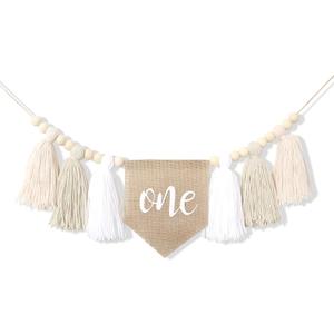 HGFC White 1st Birthday High Chair Banner - Wood Bead Tassel Garland - Pure Angel 1st Birthday Photo Backdrop - Wall Hangings Decorative For Kids