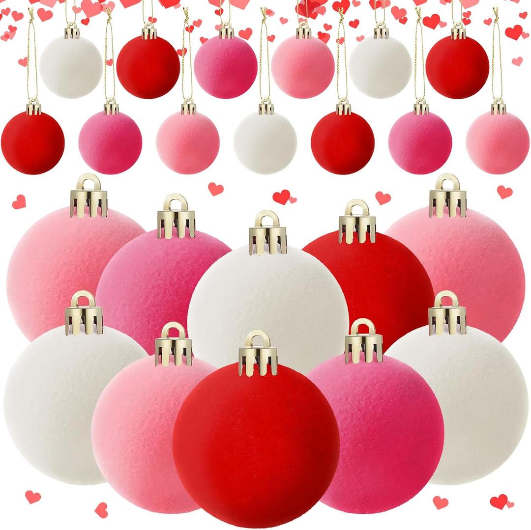 24 Pcs 2 Inch Valentine's Day Hanging Ball Ornament Valentine Velvet Ball Ornament for Tree Pink Red White Decorative Hanging Velvet Plastic Ornaments for Valentine Holiday Party Decor(Sweet Color)
