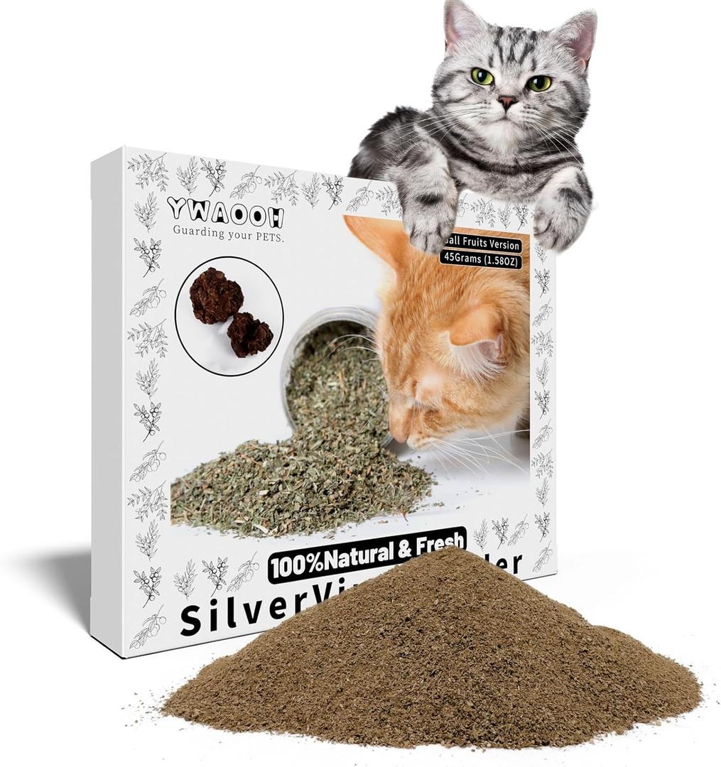 Cat Toys - Silvervine Powder 45g with 5 Resealable Pouches, Catnip Alternative, 100% Natural Silver Vine Gall Fruit Powder, Matatabi Cat Toy, Suitable for All Cat Ages (Wood)