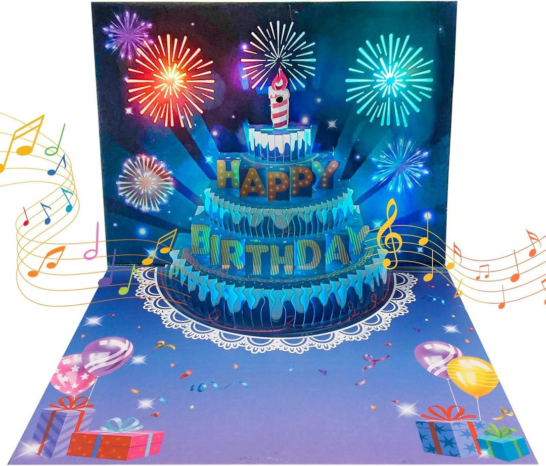 Birthday Cards, 3D Pop Up Birthday Card, Fireworks, Lights, Music and Cake Happy Birthday Card, Birthday Gift Card with Envelope and Blank Card for Women, Men, Husband, Wife, Kids, Mom, Dad