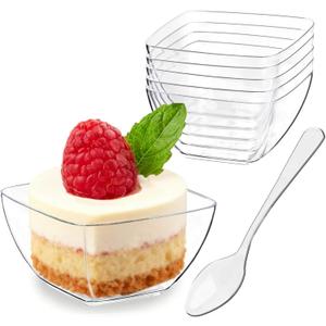 Zezzxu 100 Pack 2 oz Mini Dessert Cups with Spoons, Clear Plastic Reusable Small Square Party Serving Tiny Bowls for Individual Appetizers, Trifle, Cheesecake, Hors D'oeuvres