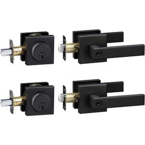 Exterior Door Lock Set,Combo Lock-Heavy Duty Black Door Handle and Single Cylinder Deadbolt Lock,Keyed Alike Door Locks for Front Door(Matte Black,2Pack Set)