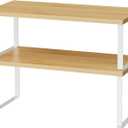 Cabinet Shelf Organizers, 15.7 inches Large Kitchen Counter Shelf, Set of 2 Wood Kitchen Pantry Organizer, Storage Shelves for Countertop, Spice Rack, Stackable, Expandable, Metal White, Nature