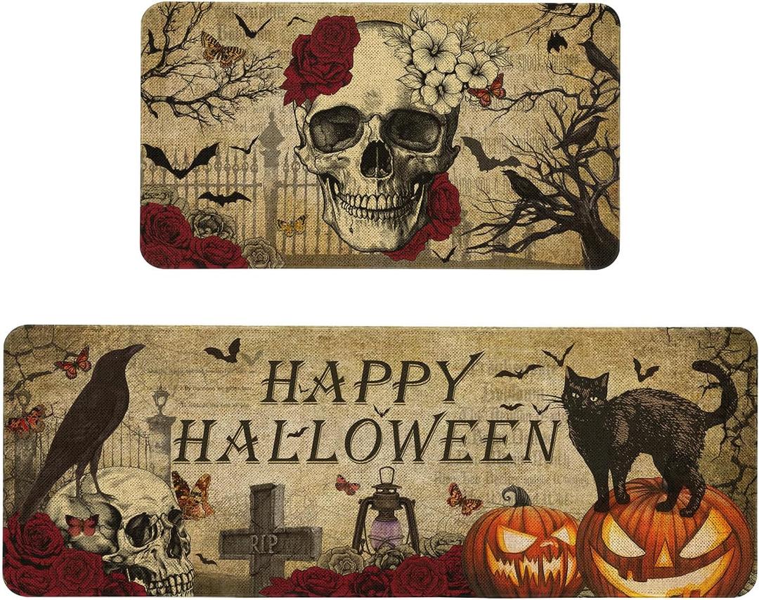 Happy Halloween Kitchen Mats Set of 2 Non Slip Spooky Goth Skeleton Kitchen Rugs Halloween Skull Home Decor Low-Profile Washable Floor Mat 17x47 Inch and 17x29 Inch
