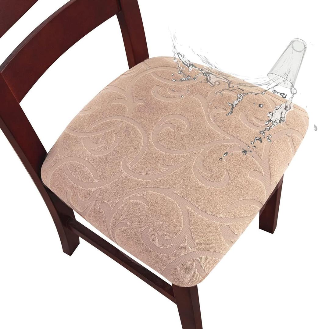 Genina Waterproof Chair Seat Covers Dining Room Chair Covers Stretch Seat Cover for Dinning Room Chair Protector Slipcovers for Kitchen, Hotel (6, Flower Pattern-Khaki)