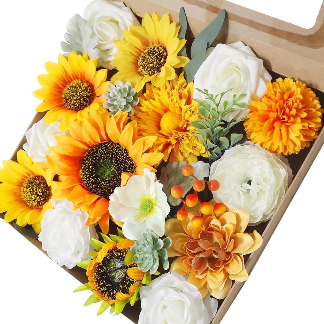 Artificial Flowers Rose Sunflower Combo Set, Real Touch Fake Rose Bouquets with Stems for Wedding Party DIY Centerpieces Floral Arrangements Home Decorations(Yellow, 1)