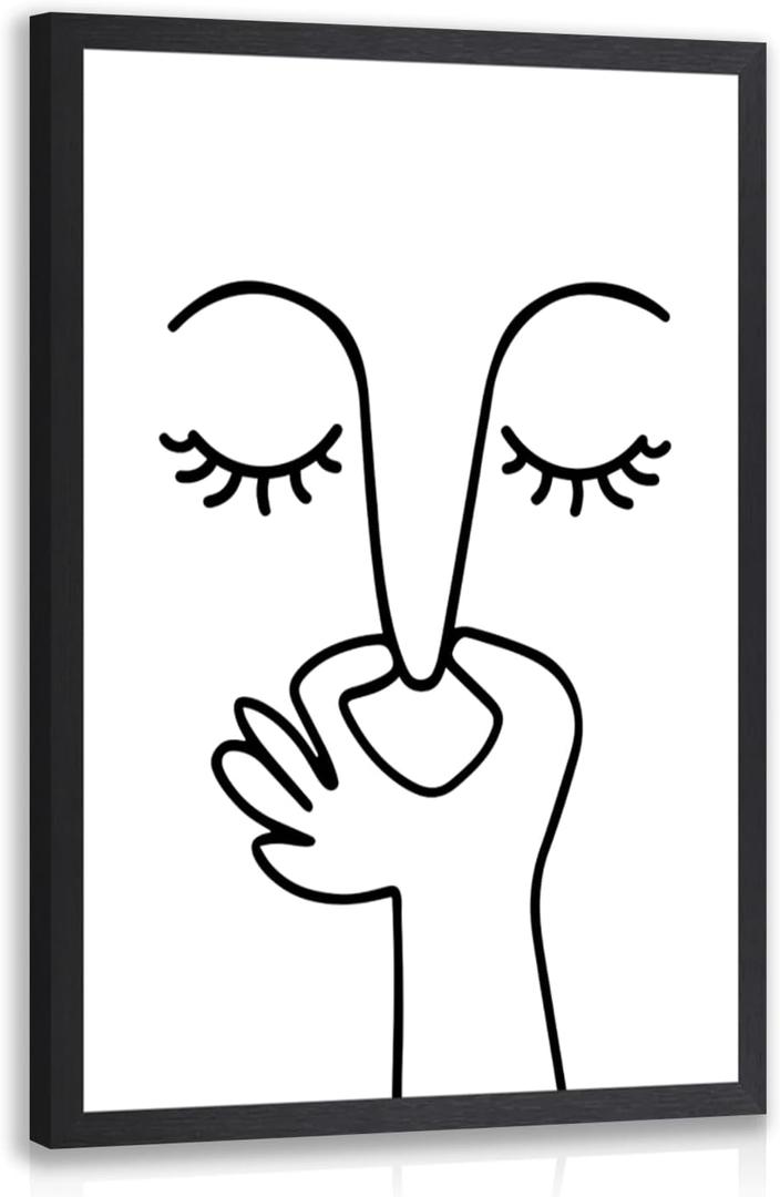 IAFWZX Wood Framed Funny Bathroom Wall Art, Abstract Humor Toilet Wall Decor, Minimalist Face Line Canvas Painting, Modern Black and White Bathroom Poster Print for Restroom Guest Bedroom 8"x10"