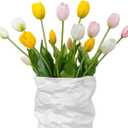 15 Pcs White-Light Pink-Yellow Artificial Tulips Fake Flowers, Premium Latex Lifelike Texture, UV Resistant Waterproof Faux Tulip Bouquets with Snap-on Petals for Outdoor, Home, Wedding Decor