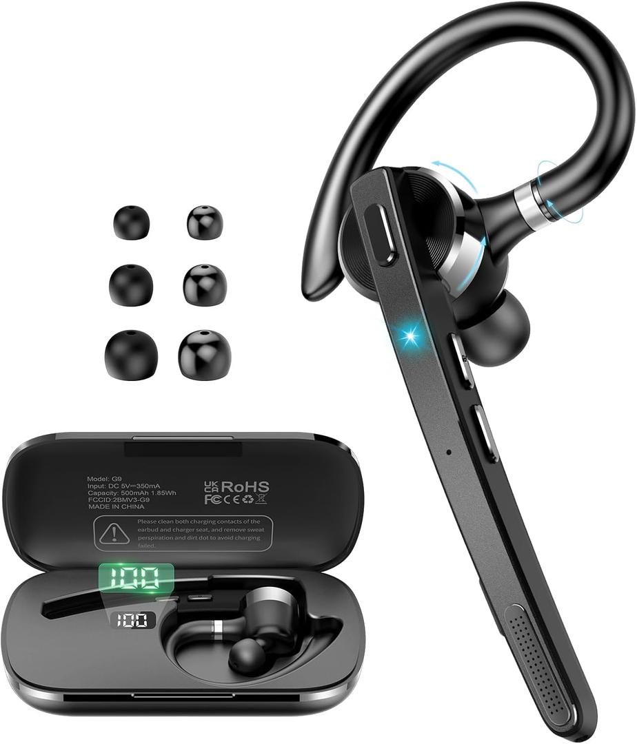 Thunelec Bluetooth Headset, Wireless Bluetooth 5.3 Earpiece, 90Hrs Hands Free Headset with APTX HD Audio & Mute Button, Dual Noise Cancelling Mics, Single-Ear Headphone for Trucker/Business/Office/Gym