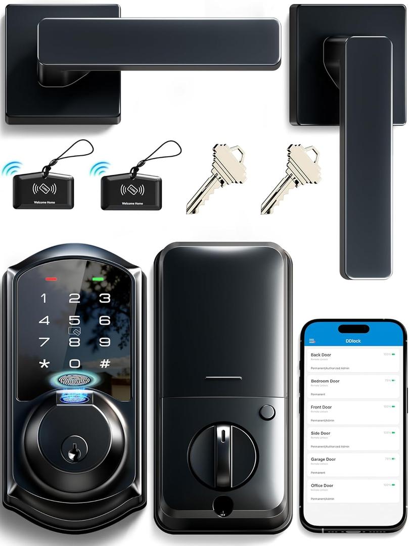 Veise VE07-L Fingerprint App Control Smart Locks with Heavy-Duty Zinc Alloy Handles, Keyless Entry for Front Door, Digital Electronic Touchscreen, Auto Lock, Waterproof, Easy Install, Matte Black
