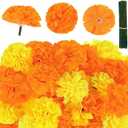 JarThenaAMCS 100Pcs Artificial Marigold Flowers 2 Inch Fake Marigolds with Stems for Indian Dia De Los Muertos Diwali Home Decor Day of The Dead Decorations (Orange and Yellow)