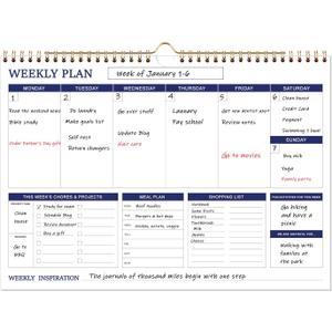 Large Weekly Planner - 17" x 12" Spiral Weekly Calendar, 52 Weekly Goals Schedule Planner for Planning and Organizing Family Activities, Meal Tracker, Undated