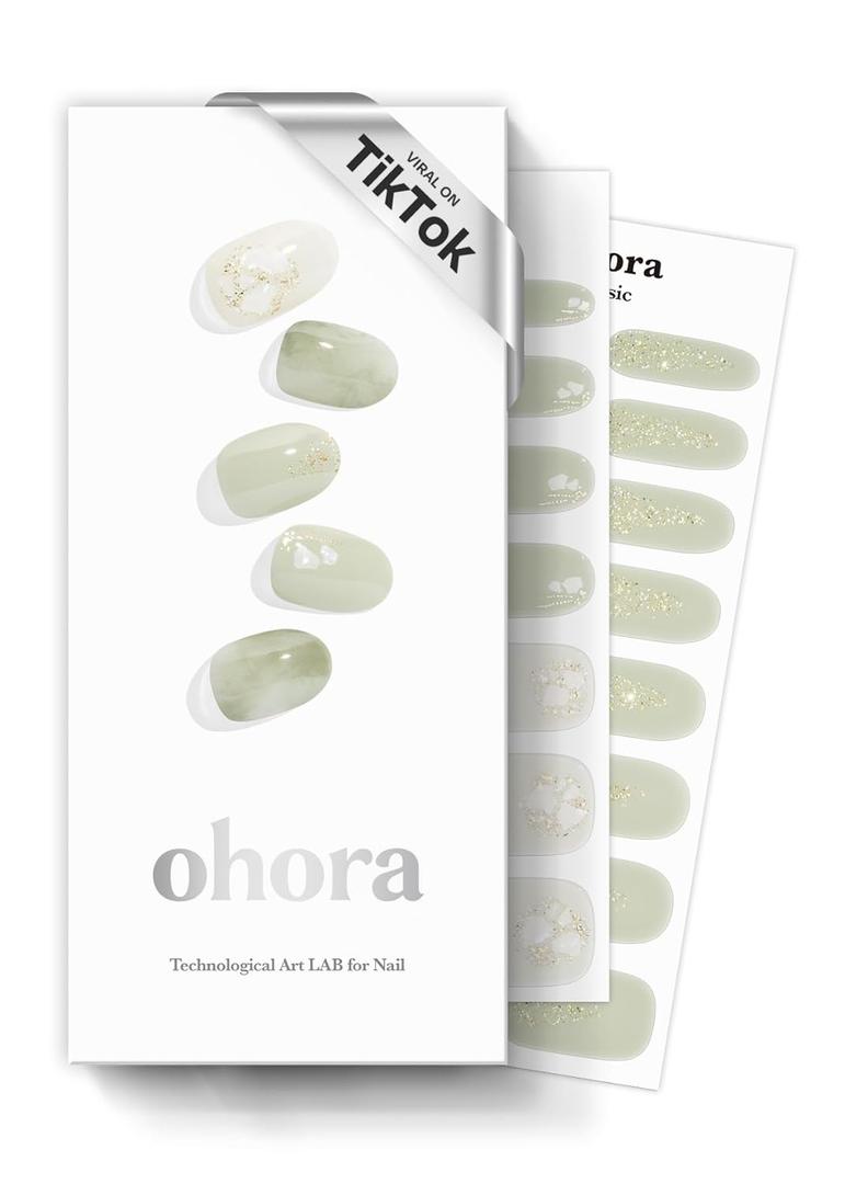 Ohora Semi-Cured Gel Nail Strips (N Green Tea) - Works with Any Lamps, Salon-Quality, Long Lasting, Easy to Apply & Remove - Includes 2 Prep Pads, Nail File & Wooden Stick