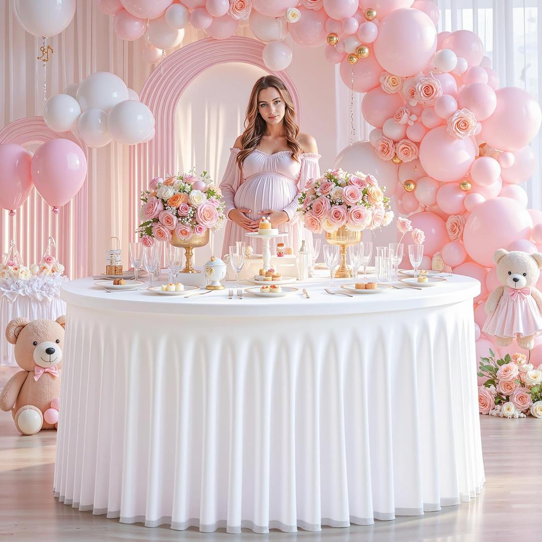Wish Care White Tulle Tablecloth 48 Inch Spandex Elastic Round Table Cloths Ruffle Tutu Tulle Skirt 4ft Wrinkle Free Stretch Fitted Round Table Cover for Wedding Birthday Party Banquet Cake Events
